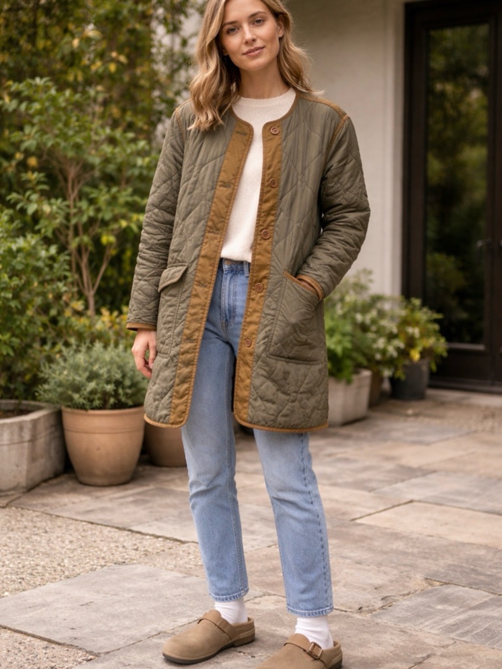 Quilted Olive Longline Puffer Jacket with Tan Trim